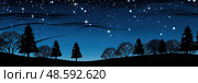 Breathtaking night sky filled with a myriad of stars twinkles overhead while towering trees provide a majestic backdrop in this captivating image. Стоковое AI-изображение, AI-художник Данила Большаков / Фотобанк Лори