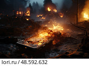 Blazing fire rages in heart of a lush forest, casting an ominous glow on the surrounding trees and undergrowth. Стоковое AI-изображение, AI-художник Данила Большаков / Фотобанк Лори