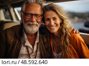 A radiant older couple shares a tender and joyful moment together, their genuine smiles illuminated by the warm, soft light seeping through their vintage vans window. Стоковое AI-изображение, AI-художник Данила Большаков / Фотобанк Лори