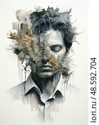 Mysterious man in white shirt with messy hair and his eyes closed has city superimposed on his face with paint splatters and intrigues smoke elements throughout background. Стоковое AI-изображение, AI-художник Данила Большаков / Фотобанк Лори