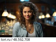 Young woman with an air of allure and mystery stands confidently before a vibrant bar, capturing the essence of anticipation and possibility. Стоковое AI-изображение, AI-художник Данила Большаков / Фотобанк Лори