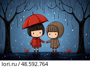 Cartoon couple finds solace in each others embrace as they hold hands under an umbrella in pouring rain. Стоковое AI-изображение, AI-художник Данила Большаков / Фотобанк Лори