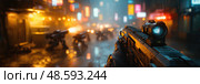 In a vibrant, rain-soaked cityscape, armed figures stand ready amidst glowing neon signs and futuristic robotic entities moving through the streets. Стоковое AI-изображение, AI-художник Данила Большаков / Фотобанк Лори