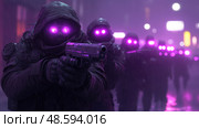 A group of hooded figures with glowing purple eyes is marching through a rainy urban environment, pointing firearms as they proceed. Стоковое AI-изображение, AI-художник Данила Большаков / Фотобанк Лори