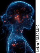 The silhouette of a woman glows with vibrant stars, creating a mesmerizing cosmic effect against a dark backdrop, evoking a sense of wonder. Стоковое AI-изображение, AI-художник Данила Большаков / Фотобанк Лори