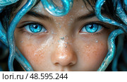 Young girl with striking blue eyes and flowing watery hair, embodying a mythical creature in an enchanting underwater environment. Стоковое AI-изображение, AI-художник Данила Большаков / Фотобанк Лори