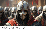 A group of armored warriors in elaborate masks stands together in a dusty setting, prepared for an imminent confrontation with determined expressions. Стоковое AI-изображение, AI-художник Данила Большаков / Фотобанк Лори