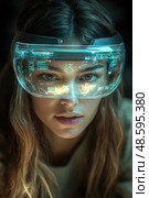 A woman engages with advanced augmented reality technology, showcasing digital information on her glasses in a darkened space during the evening. Стоковое AI-изображение, AI-художник Данила Большаков / Фотобанк Лори
