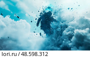 Existential Fragmentation: A man dissolving into particles amid billowing clouds, symbolizing transformation and the ephemeral nature of existence. Стоковое AI-изображение, AI-художник Данила Большаков / Фотобанк Лори