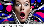 A woman with a surprised expression on her face is wearing a silver outfit. Стоковое AI-изображение, AI-художник Ярославский Максим / Фотобанк Лори