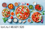Culinary Presentation of Fresh Summer Salad Ingredients and Prepared Dishes. Стоковое AI-изображение, AI-художник Данила Большаков / Фотобанк Лори