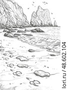 A detailed drawing of a beach featuring rocks scattered along the shore and water gently lapping at the sandy coastline. Стоковое AI-изображение, AI-художник Данила Большаков / Фотобанк Лори