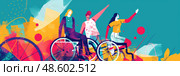 A vibrant illustration showcasing a group of diverse people engaging in various leisure activities in a park-like environment, filled with splashes of bright colors. Стоковое AI-изображение, AI-художник Данила Большаков / Фотобанк Лори
