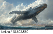 A large whale leaps from the ocean, creating a splash as it showcases its power near a lively coastal town during early morning. Стоковое AI-изображение, AI-художник Данила Большаков / Фотобанк Лори
