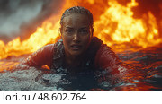 A determined woman struggles in turbulent waters, her expression revealing fear and resilience as flames rage around her at dusk. Стоковое AI-изображение, AI-художник Данила Большаков / Фотобанк Лори