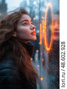 A young woman stands captivated by glowing art installations in a city, with a soft, introspective expression at dusk. Стоковое AI-изображение, AI-художник Данила Большаков / Фотобанк Лори