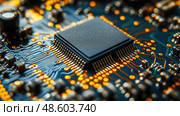This close-up displays a microchip embedded on a circuit board, highlighting its complex connections and electronic components. Стоковое AI-изображение, AI-художник Данила Большаков / Фотобанк Лори