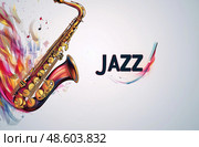 Яркий саксофон и надпись «JAZZ» Стоковое AI-изображение, AI-художник Александр Жуков / Фотобанк Лори