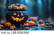 A glowing cauldron shaped like a pumpkin overflows with colorful candies, surrounded by smaller pumpkins in a mysterious, foggy forest setting. Стоковое AI-изображение, AI-художник Данила Большаков / Фотобанк Лори