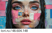 A woman’s face is beautifully composed of colorful paper pieces, showcasing a blend of textures and hues that captivate the viewer's attention. Стоковое AI-изображение, AI-художник Данила Большаков / Фотобанк Лори