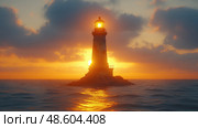 The sunset casts a warm glow as a lighthouse stands firm on a rocky island surrounded by shimmering ocean waves. Стоковое AI-изображение, AI-художник Данила Большаков / Фотобанк Лори