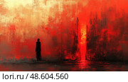 A solitary figure stands against a striking red backdrop, suggesting an atmosphere of introspection and isolation during sunset. Стоковое AI-изображение, AI-художник Данила Большаков / Фотобанк Лори