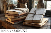 Handcrafted recycled paper journals on a vintage wooden table, with a cozy natural light coming through a window. Стоковое AI-изображение, AI-художник ALLA YURTAYEVA / Фотобанк Лори