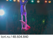 Belarus, Gomel, April 1, 2018. Gomel State Circus. Performance of the team of the Moscow circus Nikulin.Spectacular performance of a pair of circus gymnasts in the beam of a searchlight. Редакционное фото, фотограф Лазаренко Светлана / Фотобанк Лори