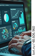 A person in a business suit working on a laptop with virtual icons related to key performance indicators (KPI), displaying business dashboard. Стоковое AI-видео, аниматор Sergey Grishin / Фотобанк Лори