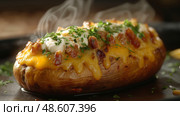 Baked potato topped with cheese, bacon, and herbs served hot on a platter. Запеченный картофель с сыром, беконом и зеленью, подается горячим на блюде. Стоковое AI-изображение, AI-художник Katsiaryna Repich / Фотобанк Лори