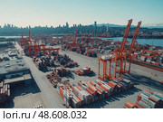 Shipping containers stacked at a busy port under clear blue skies during midday operations. Стоковое AI-изображение, AI-художник Михаил Коханчиков / Фотобанк Лори