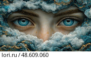 Bright blue eyes emerge from a dense cloud formation, evoking a sense of wonder and mystery in an ethereal twilight landscape. Стоковое AI-изображение, AI-художник Данила Большаков / Фотобанк Лори