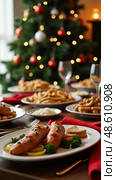 Festive Dinner With Various Dishes, a Decorated Tree, and an Inviting Atmosphere for Holiday Catering and Gatherings. Стоковое AI-изображение, AI-художник Sergey Grishin / Фотобанк Лори