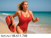 Fit blonde lifeguard sprinting seaside clutching rescue flotation buoy during urgent coastal emergency response on hot sunny vacation morning. Стоковое AI-изображение, AI-художник Павел Муравьев / Фотобанк Лори