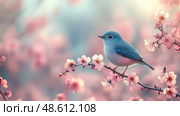 A delicate bluebird sits gracefully on a branch filled with pink cherry blossoms in the gentle light of spring. Стоковое AI-изображение, AI-художник Данила Большаков / Фотобанк Лори