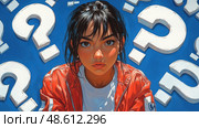 A girl with dark hair and a red jacket looks inquisitively at the viewer, surrounded by white question marks against a bright blue background. Стоковое AI-изображение, AI-художник Данила Большаков / Фотобанк Лори