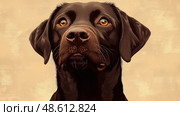 This Labrador Retriever sits attentively, showcasing its intelligent gaze and glossy fur in a warm setting, highlighting its gentle demeanor. Стоковое AI-изображение, AI-художник Данила Большаков / Фотобанк Лори