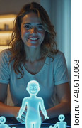 A woman interacting with a hologram, front view, bright lighting, friendly color palette with soft blues and yellows. modern hi-tech interface communication concept. Стоковое AI-видео, аниматор Sergey Grishin / Фотобанк Лори