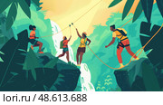 A group of adventurers carefully navigates a rope bridge connecting two rocky cliffs beside a vibrant waterfall in a tropical setting. Стоковое AI-изображение, AI-художник Данила Большаков / Фотобанк Лори