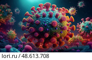 Microscopic view of Covid-19 coronavirus - visualization, anatomy, viral structure. Infection of FLiRT, XEC pandemic. Стоковое AI-изображение, AI-художник Андрей Ка / Фотобанк Лори