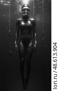 A freediver in a wetsuit hangs vertically beneath the water, surrounded by bubbles and shafts of light, focusing on breath control and relaxation. Стоковое AI-изображение, AI-художник Данила Большаков / Фотобанк Лори