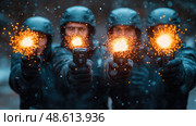 Amid falling snow, law enforcement personnel discharge their firearms in a coordinated tactical exercise demonstrating precision and control. Стоковое AI-изображение, AI-художник Данила Большаков / Фотобанк Лори