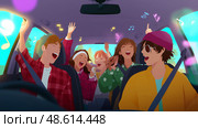 Friends enjoying a fun road trip while singing along to music in a car on a bright day. Стоковое AI-изображение, AI-художник Сергей Толмачёв / Фотобанк Лори