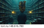 A person stands in a grand library, balancing a precarious stack of books on their head while surrounded by towering shelves of literature. Стоковое AI-изображение, AI-художник Данила Большаков / Фотобанк Лори