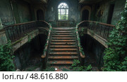The interior of a deserted structure features a grand staircase adorned with ivy, showcasing nature’s encroachment during dawn hours. Стоковое AI-изображение, AI-художник Данила Большаков / Фотобанк Лори