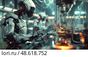 A robot is actively engaged in operating a machine in a manufacturing plant, carrying out its programmed tasks efficiently. Стоковое AI-изображение, AI-художник Данила Большаков / Фотобанк Лори