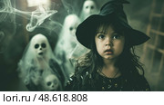 A young girl wearing a witches hat stands in front of a group of ghostly figures in a spooky setting. Стоковое AI-изображение, AI-художник Данила Большаков / Фотобанк Лори