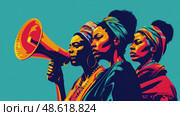 Several women standing together, holding a megaphone and preparing to speak loudly. Стоковое AI-изображение, AI-художник Данила Большаков / Фотобанк Лори