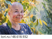 A bald woman with a gentle smile is surrounded by lush green leaves, bathed in subtle sunlight. Стоковое AI-изображение, AI-художник Данила Большаков / Фотобанк Лори