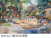 A painting depicting various individuals engaged in activities like playing ball, running, and picnicking in a vibrant park setting. Стоковое AI-изображение, AI-художник Данила Большаков / Фотобанк Лори